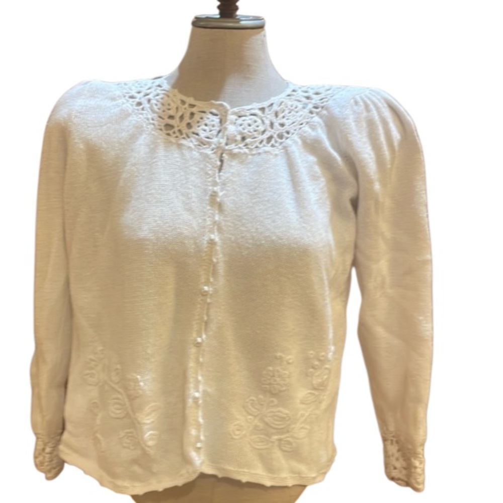 Vintage Margules Cardigan knit sweater crochet embellished flowers cotton white